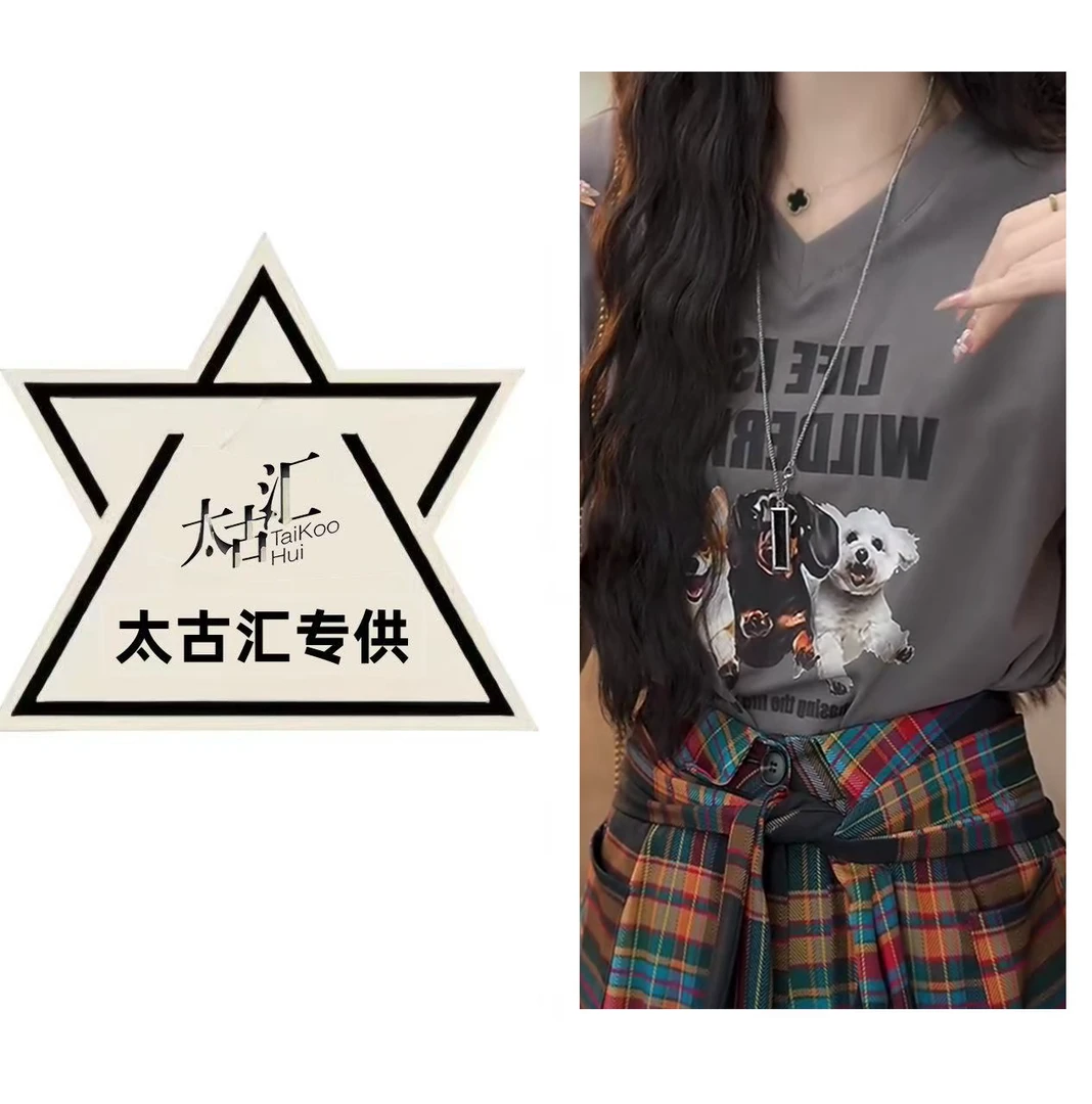 【角落的猫】新款显瘦复古短袖T恤上衣时尚夏季圆领设计感C4646