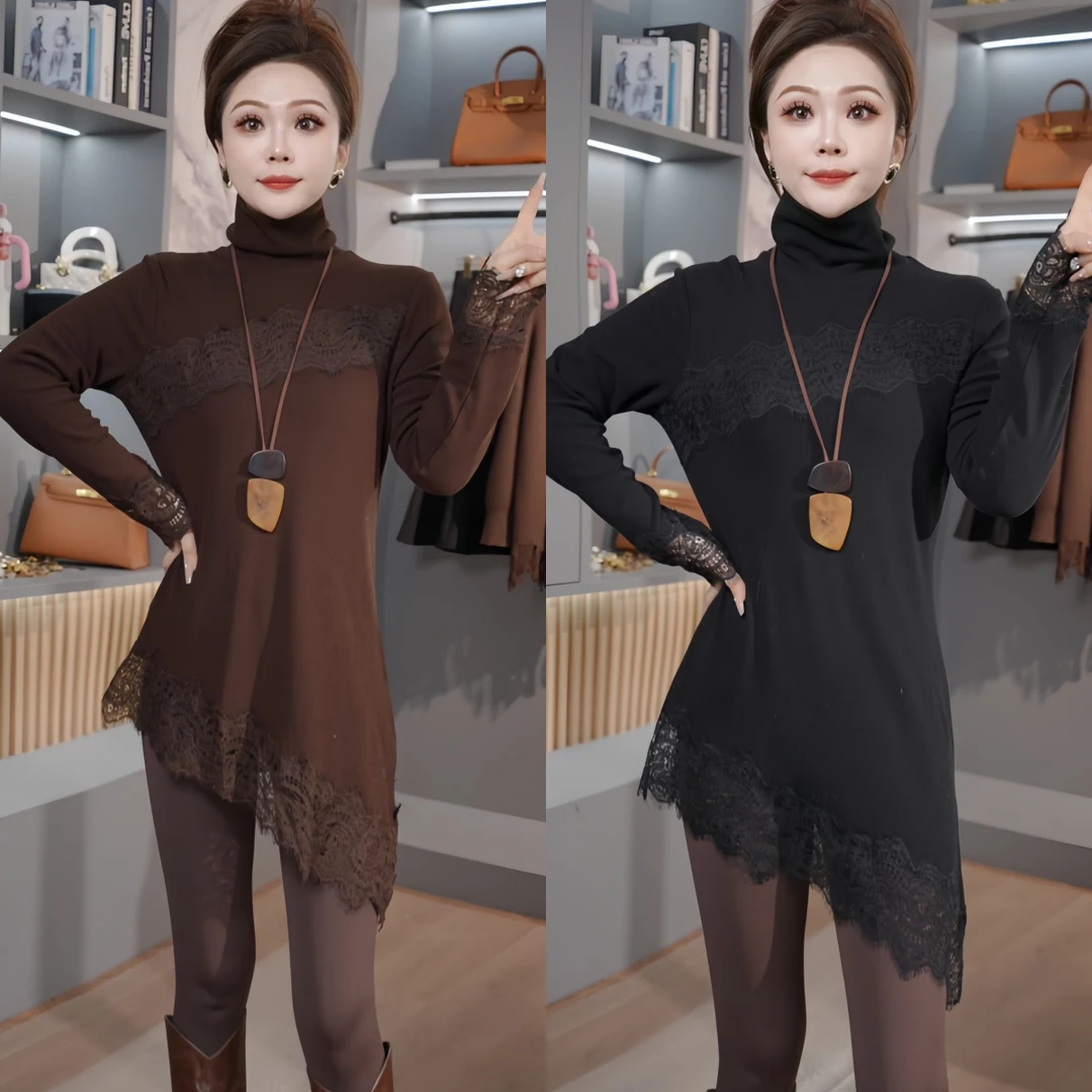 【春时月微】年年2025新款冬季时尚百搭蕾丝拼接设计高领打底T恤