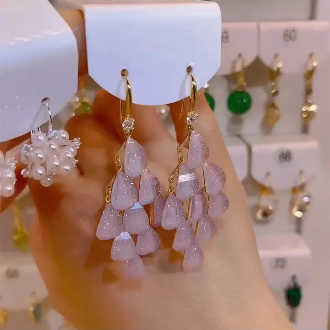 铜合金合成锆石耳饰 长款百搭温柔甜美手工仙女紫色羽毛a9