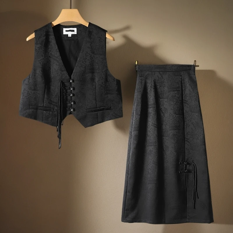 魔剪标25春品牌折扣国风重工提花马甲&显瘦开叉盘扣半裙套装女223