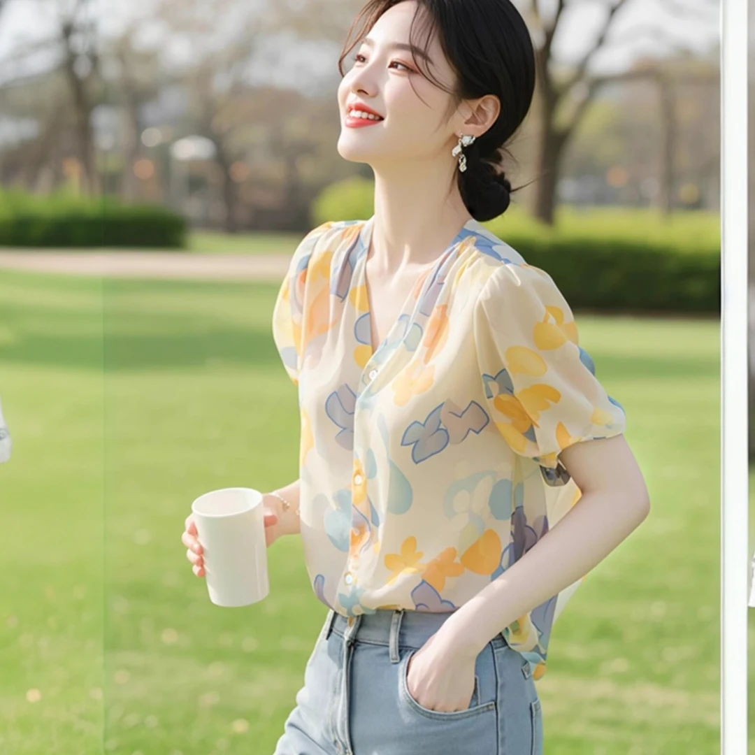 法式小清新撞色印花雪纺衫女夏季高级感洋气减龄黄色V领开衫衬衣