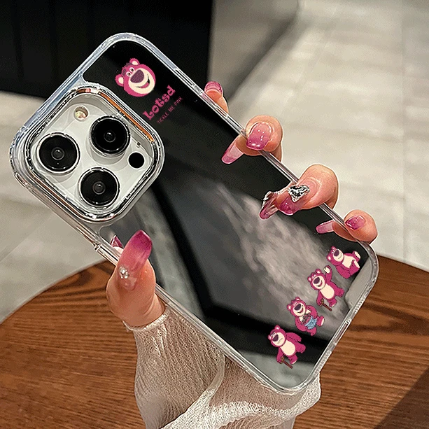 草莓熊iPhone15ProMax镜面手机壳14适用苹果13可爱78防摔带镜子16