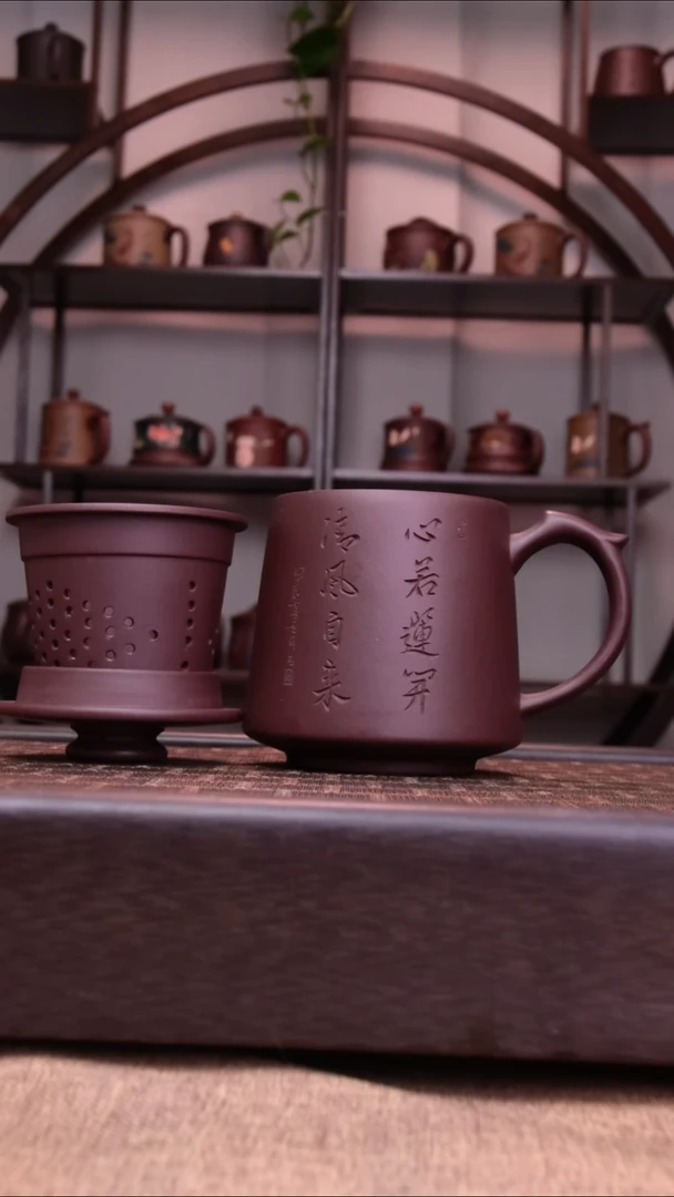 茶杯紫砂手工刻绘心若莲开三件套400CC容量