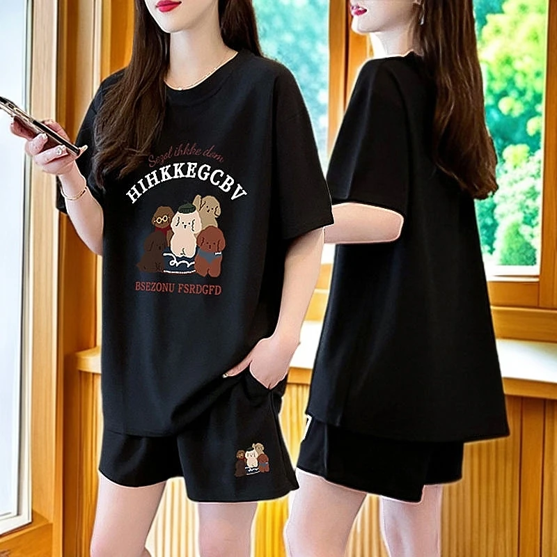 韩版宽松纯棉休闲运动套装女2025新款夏季短袖短裤网红时尚两件套