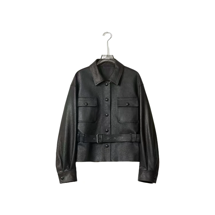 TOONECOLOUR时尚复古机车风女单排纽扣直筒黑色真皮皮衣夹克外套
