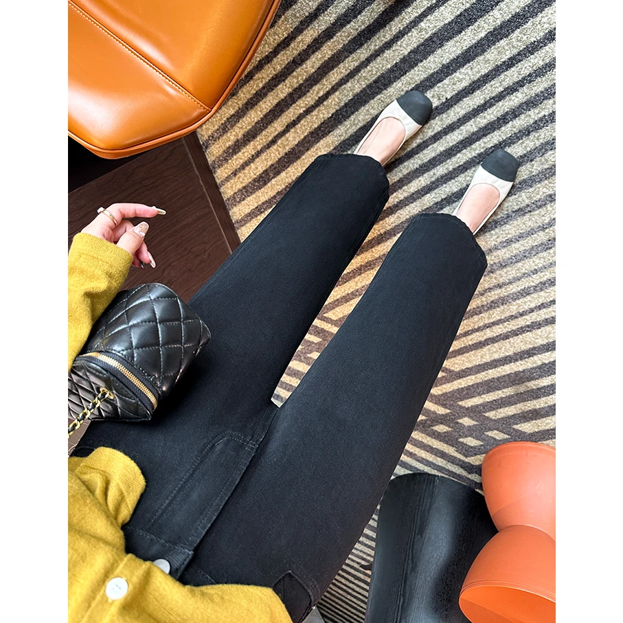 黑色显腿直弹力直筒牛仔裤女秋季大码胖mm腿粗显瘦高腰九分奶奶裤