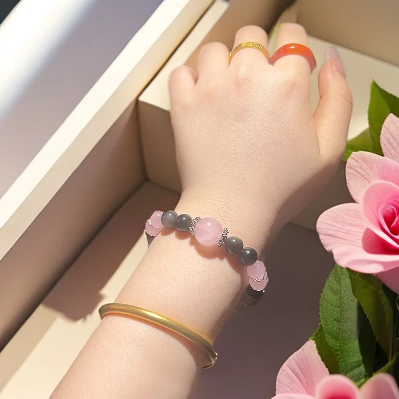 【水多多珠宝】粉水晶黑耀桃花爱平安稳情绪纯天然水晶原创设计手串
