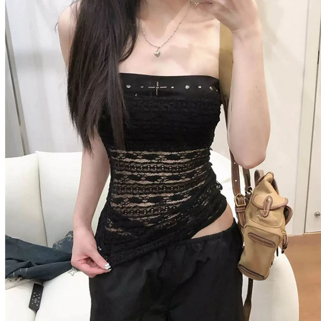 辣妹十字架钉珠无袖裹胸内搭修身显瘦黑色蕾丝吊带女背心两件套装