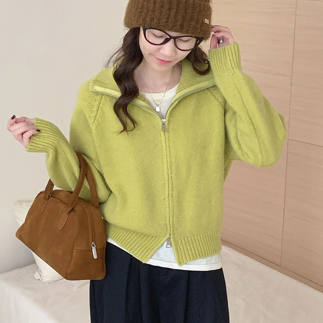 2025慵懒风毛衣外套女秋冬新款韩系简约宽松立领拉链针织开衫上衣