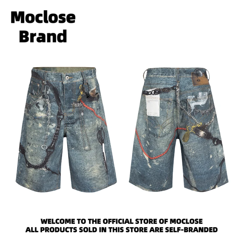 Moclose 美式街头春夏数码印花宽松男女款休闲潮牌直筒牛仔七分裤