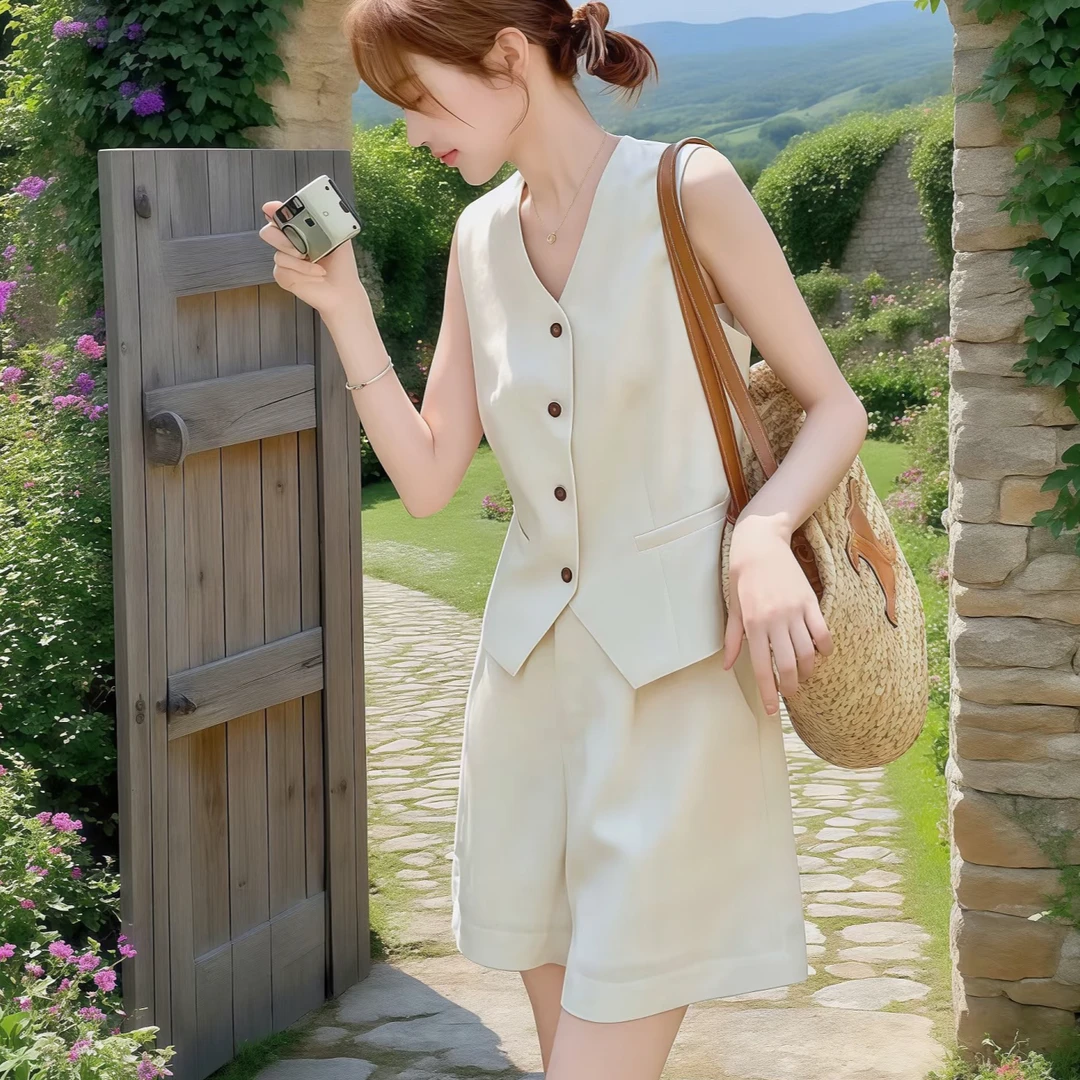 高级感老钱风亚麻马甲短裤两件套装女夏季大方得体穿搭整套