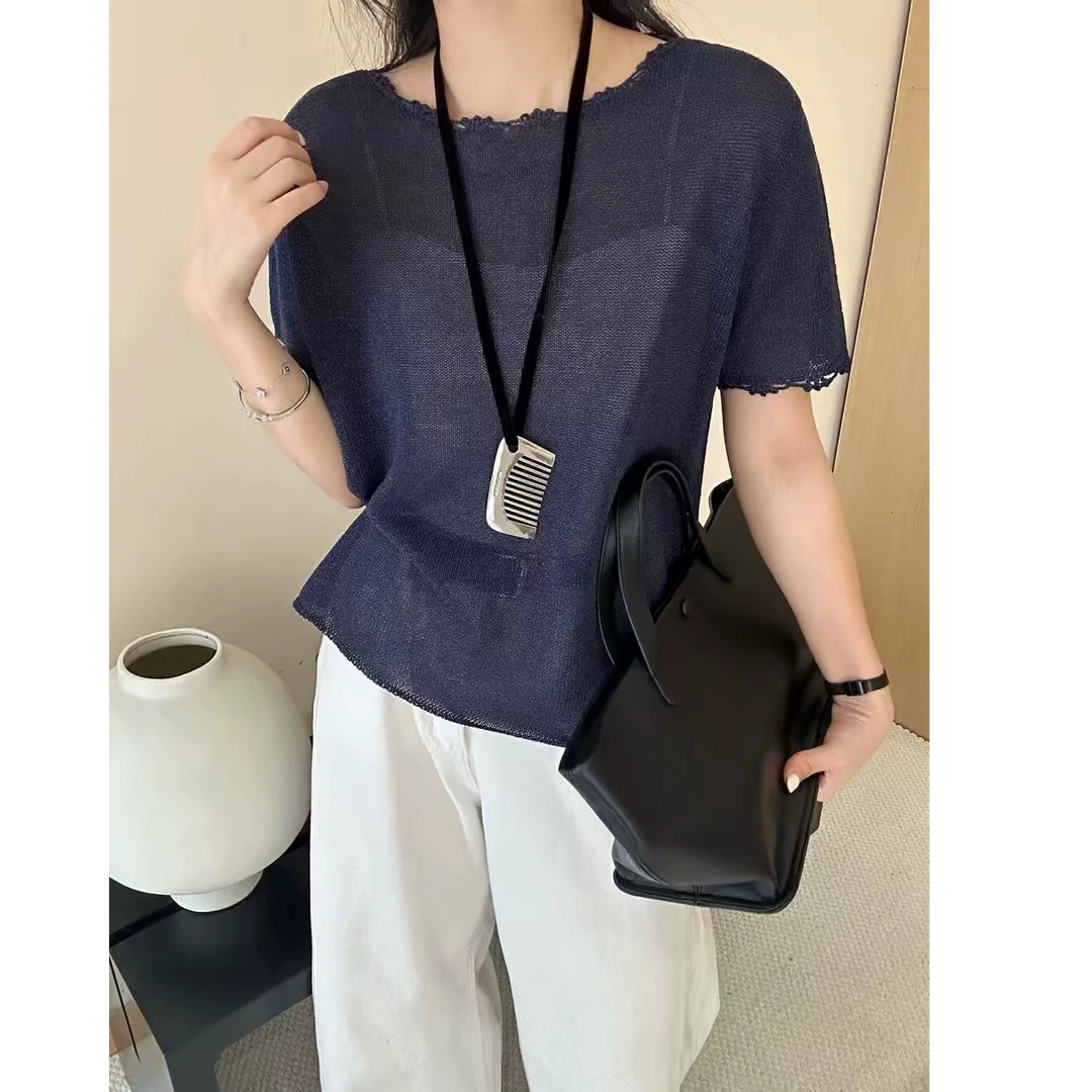和纸纱夏季新款勾花显瘦薄款设计感针织上衣