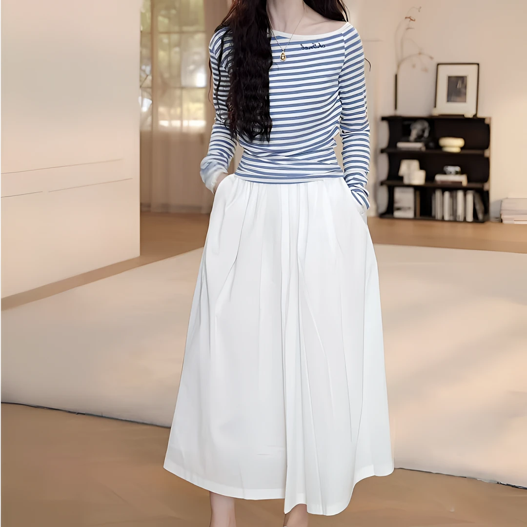 轻奢气场强大女装爆款条纹长袖T恤高腰半身裙洋气衣服女气质