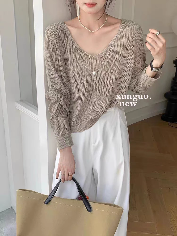 春夏镂空针织上衣微透薄款短款V领长袖针织衫时尚百搭高级感气质