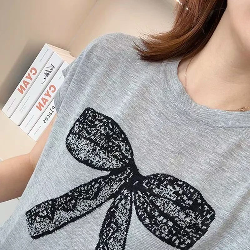 丽丽家~蝴蝶结灰飞袖显瘦时尚百搭纯色夏季圆领上衣