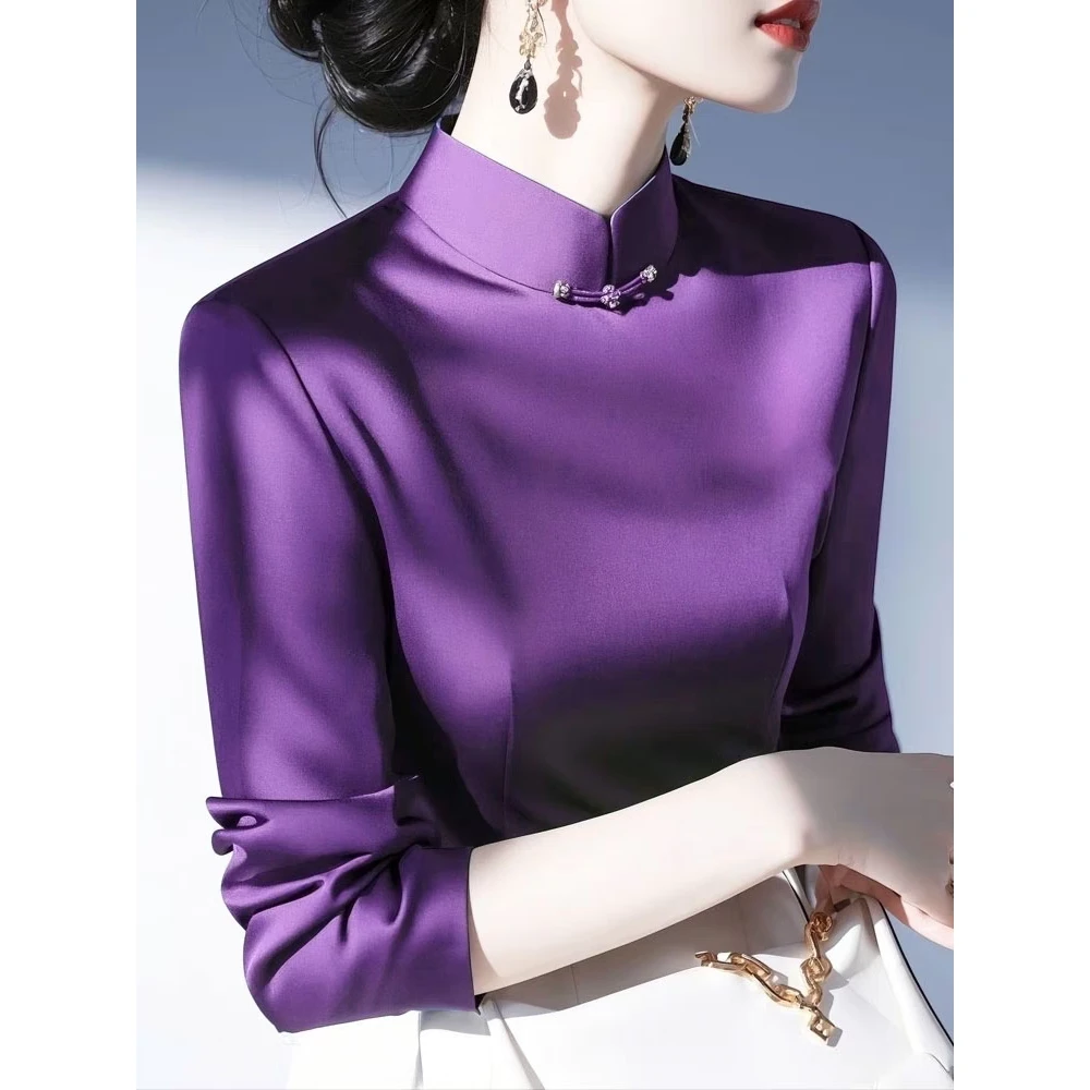 新中式国风女2025春季新款高级感轻奢独特漂亮紫色缎面衬衫