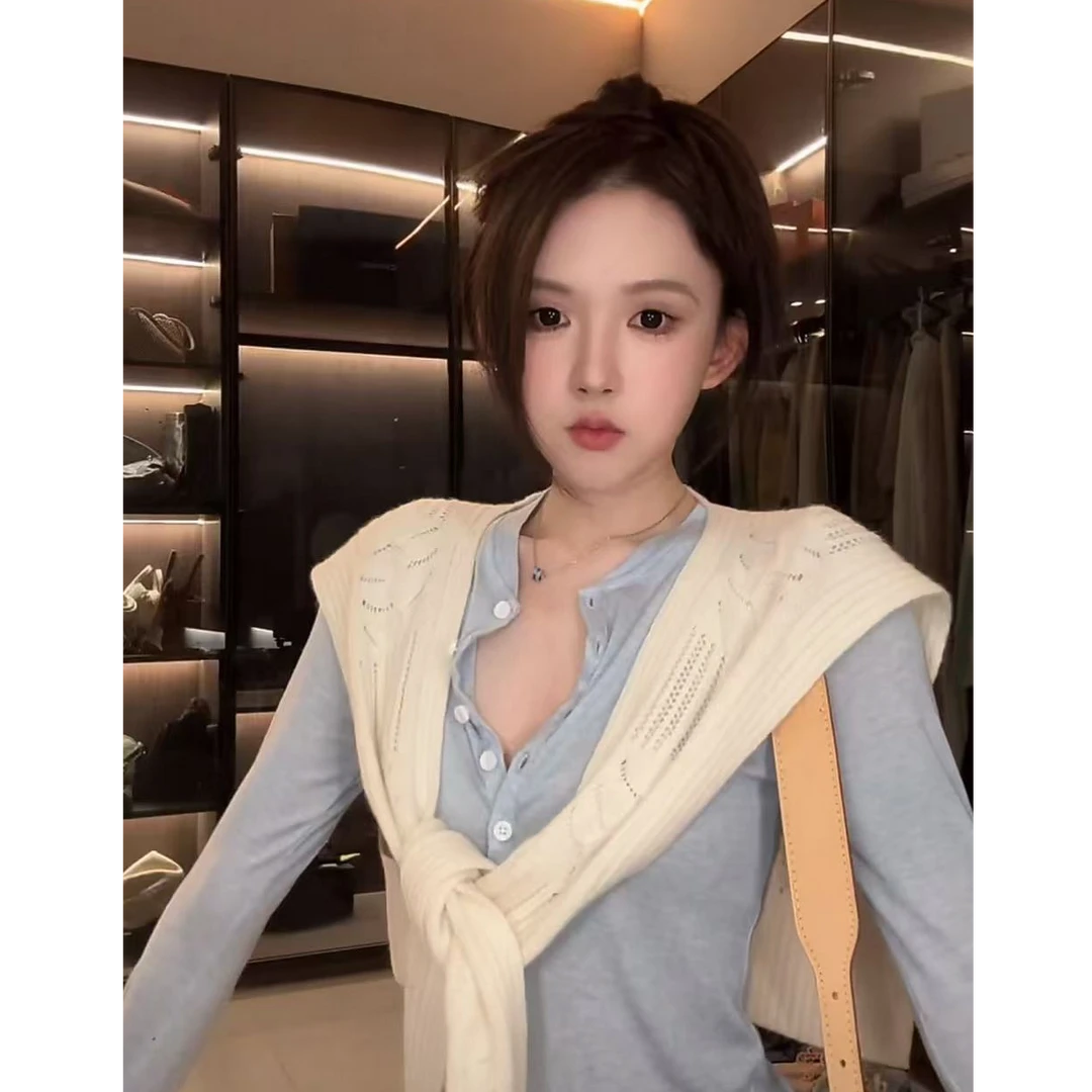 MAXINRUI  简约天丝羊毛混纺亨利领长袖针织T恤春季洗新款R8101