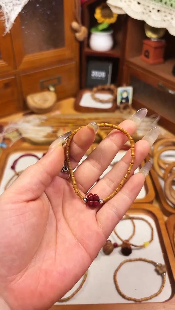 手串桃核竹节手串 朱砂四叶草   备注手围