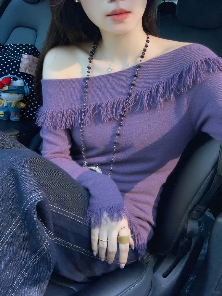 法式紫色流苏一字肩长袖针织打底衫秋气质修身内搭设计感露肩上衣