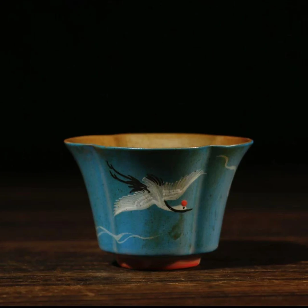 【柒月】老岩泥手绘蓝釉 仙鹤梅花杯