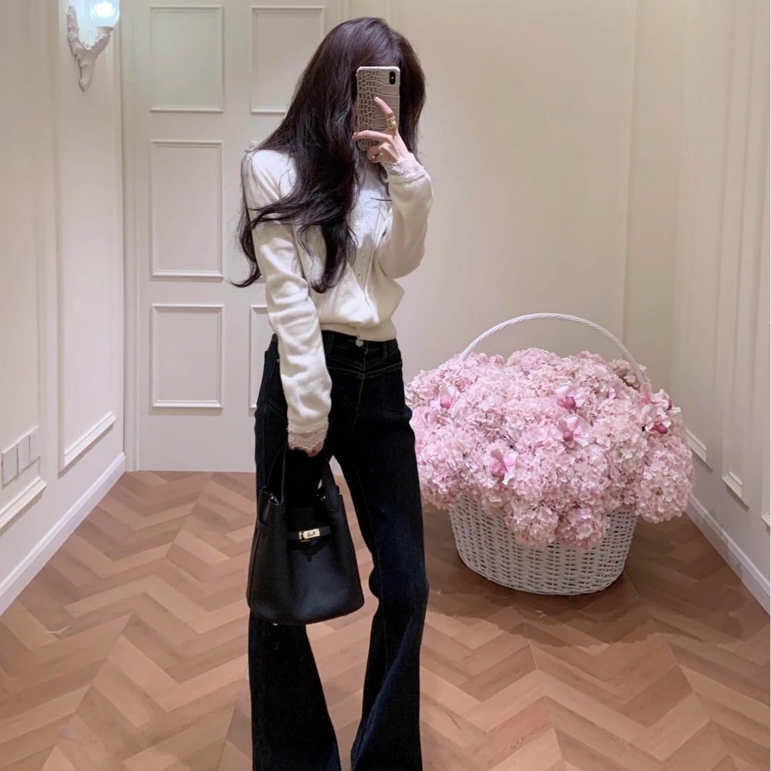 法式气质V领蕾丝拼接假两件针织衫上衣女高腰休闲直筒裤两件套