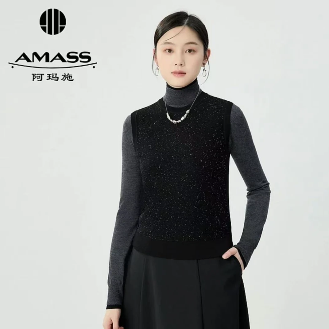 AMASS/阿玛施新款时尚造型镂空亮片圆领无袖套头针织马甲女538015