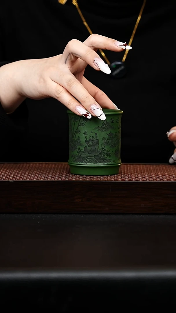 茶壶紫砂主人杯 熊猫竹节 绿泥 任家