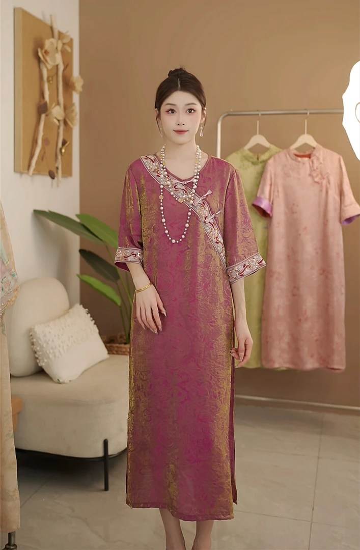 】新中式国风改良旗袍新款夏装提花盘扣七分袖连衣裙子