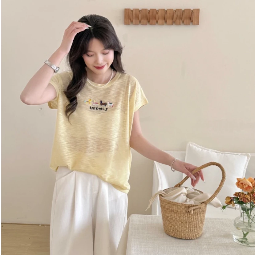 针织短袖女2025夏季新款时尚卡通刺绣宽松薄款竹节棉T桖上衣