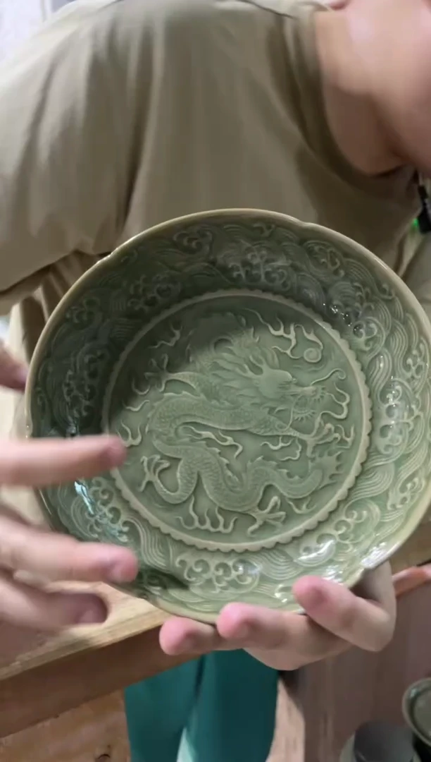 微瑕耀州窑青瓷穿云龙盘壶承赏盘