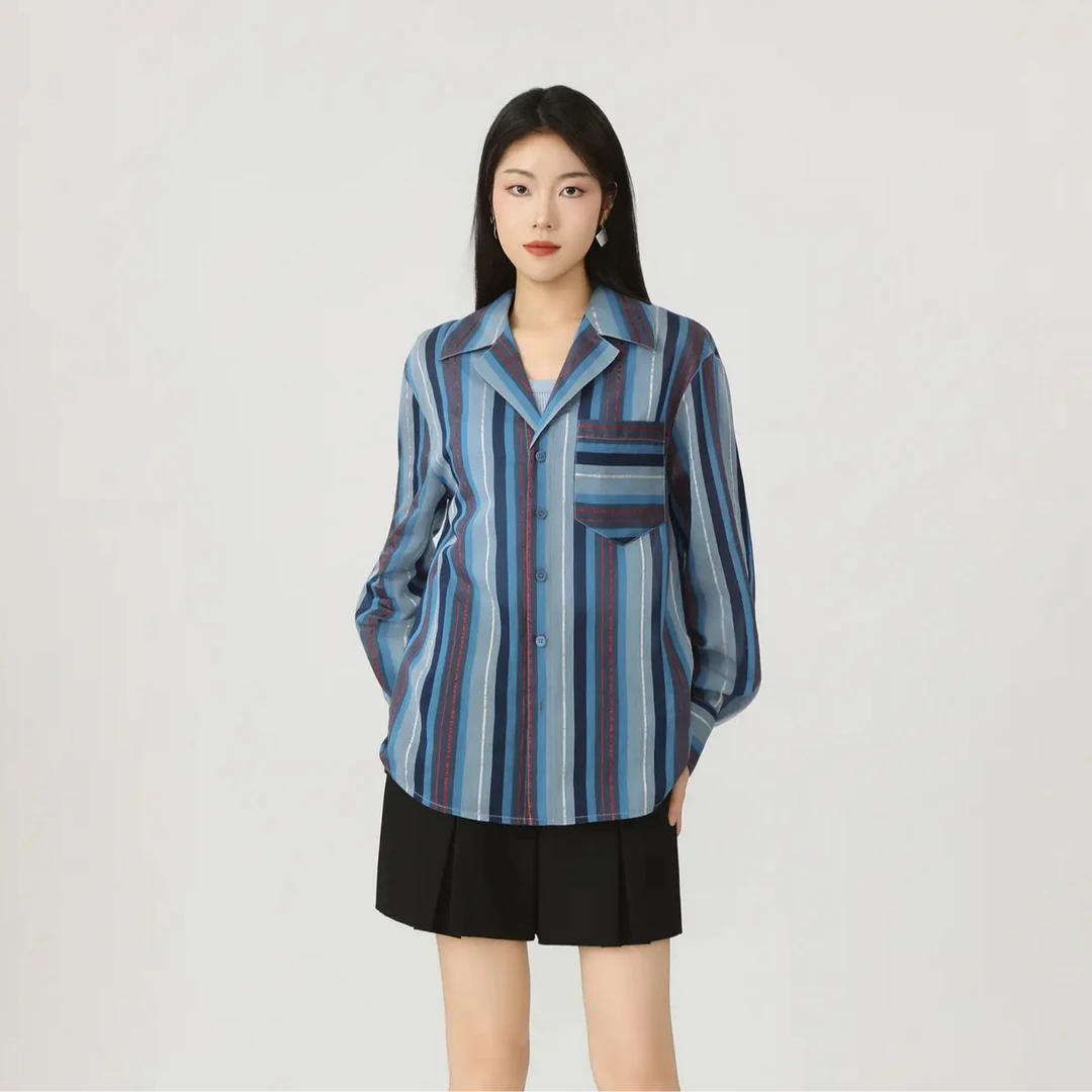 AMASS/阿玛施新款经典V领条纹撞色时髦通勤宽松长袖衬衫女530065