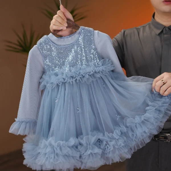 2025秋季新品女童孔雀蓝裙子打底衫两件套