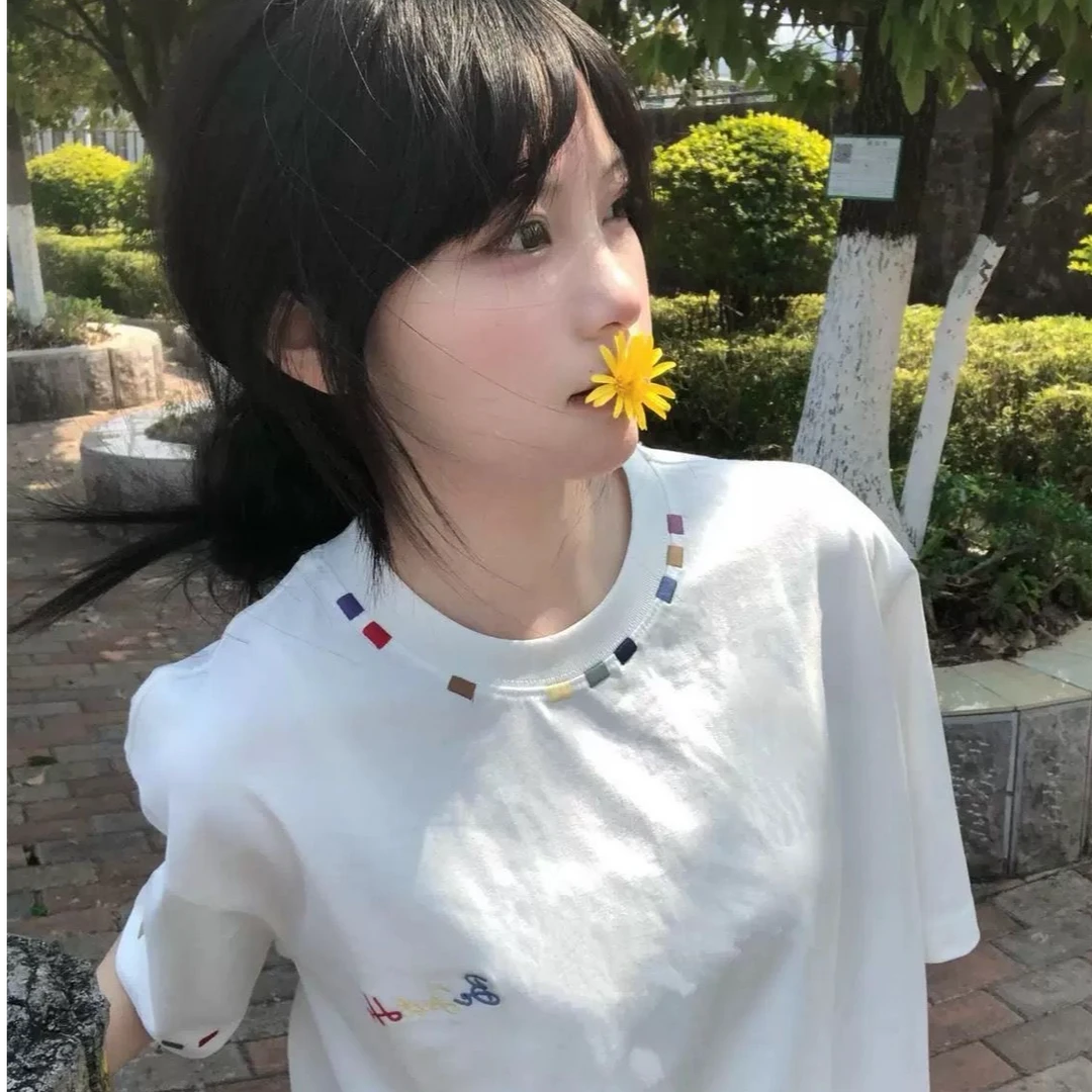 【刺绣】美式高街彩色t恤女夏季白色短袖宽松学院风情侣纯棉上衣