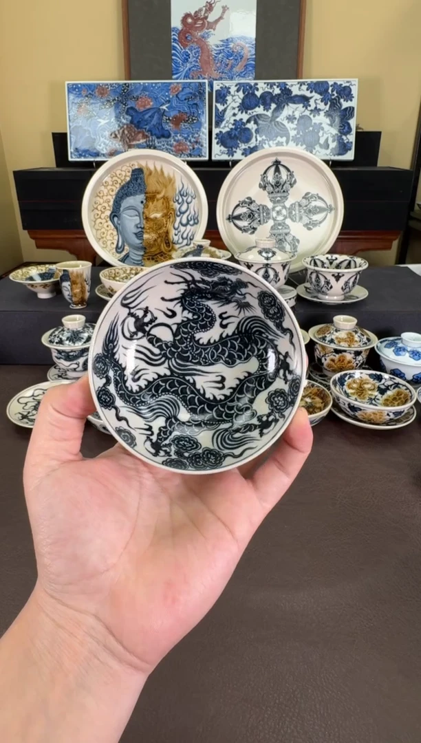 【闪购商品】瓷片二号釉1351龙纹普洱杯