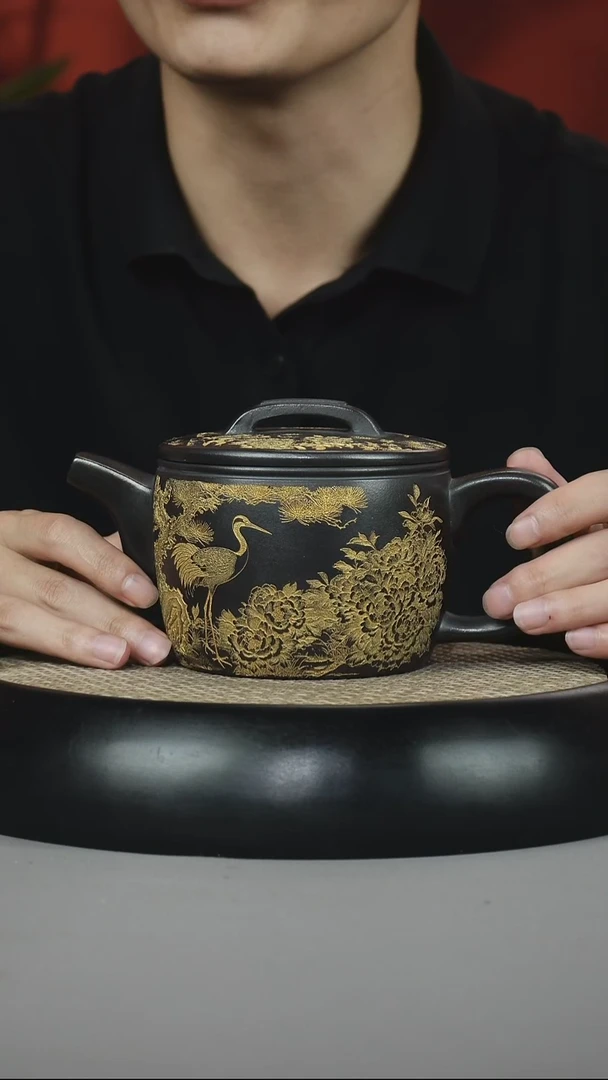 茶壶紫砂 石黄 汉瓦 仙鹤 描金