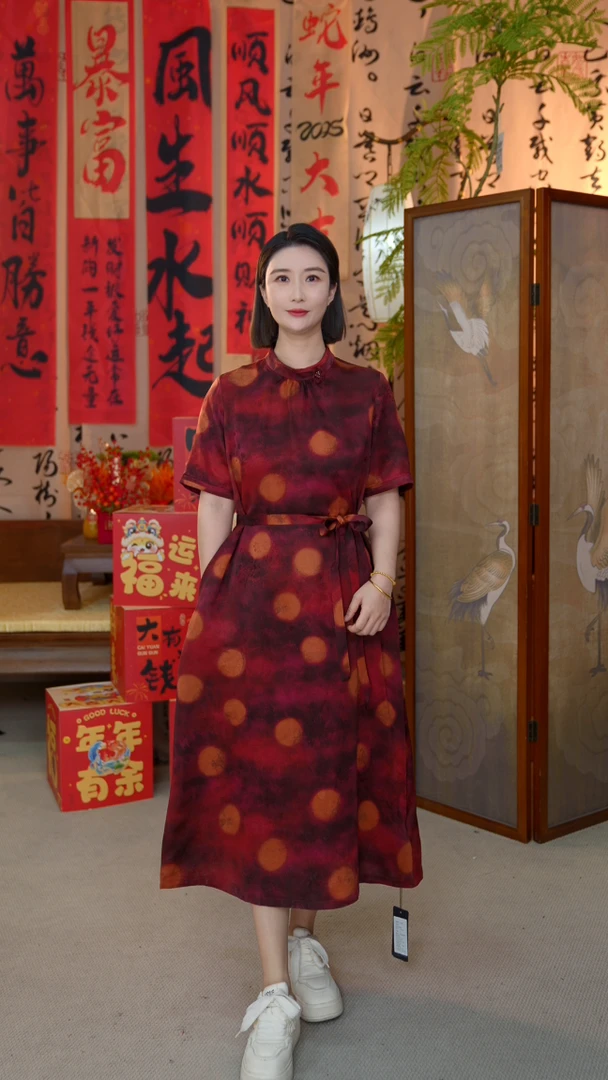 田新家100桑蚕丝 红云纱重缎织花连衣裙(337039彩虹)