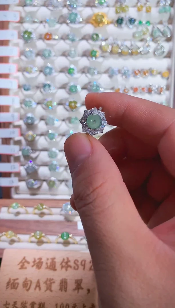 银S925镶嵌戒指翡翠S925银镶翡翠平安扣女饰品