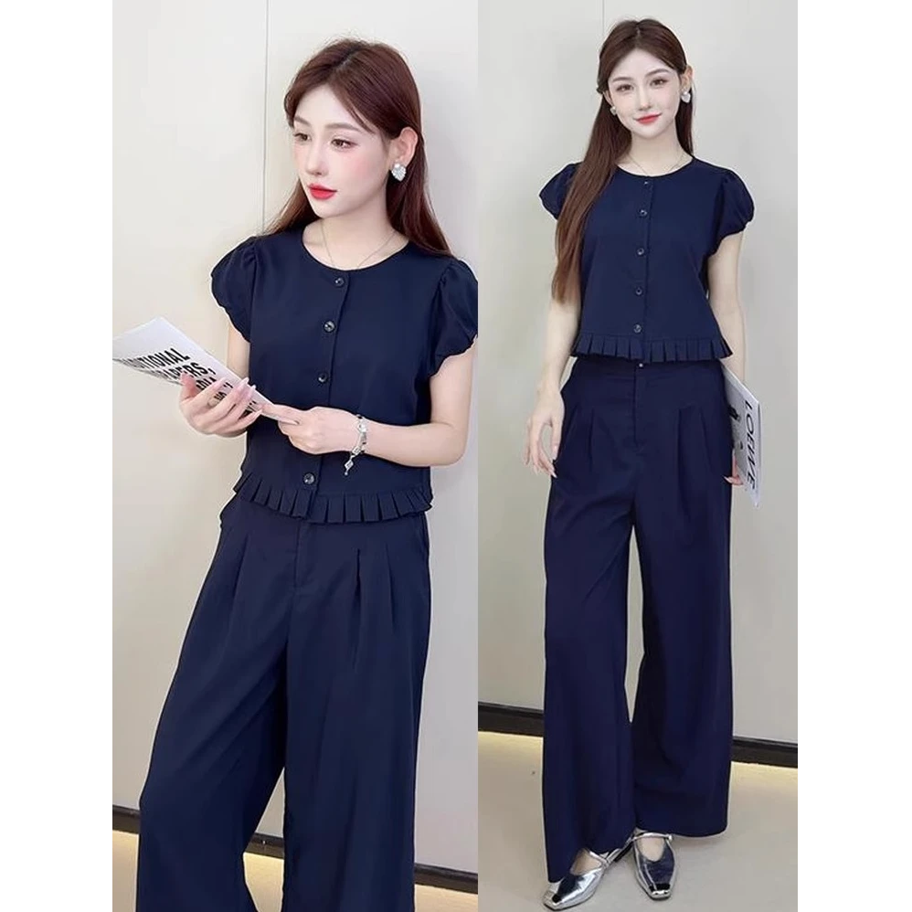 时尚套装女2025年夏季新款时尚减龄短袖上衣显瘦遮肉阔腿裤两件套