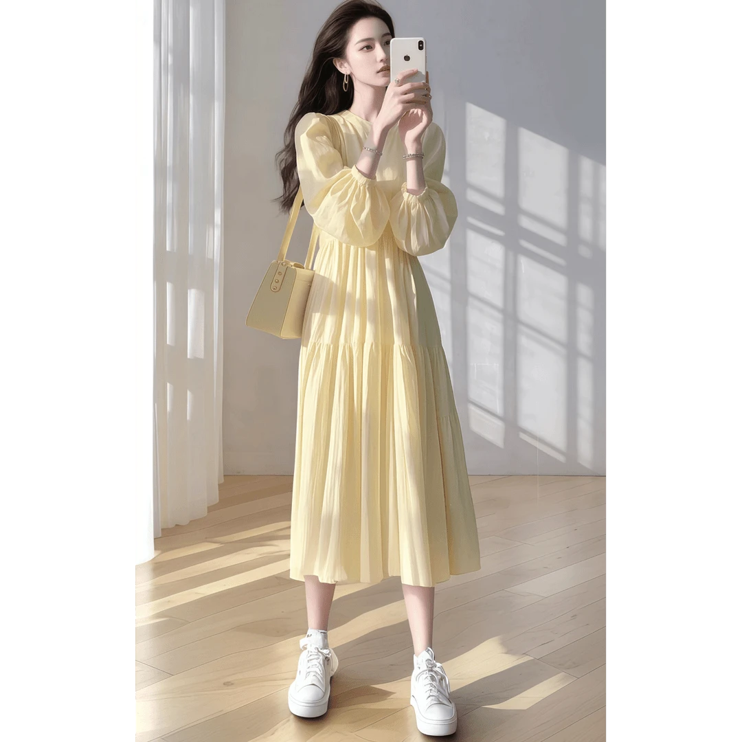 法式度假风黄色衬衫连衣裙女2025春季新款气质高级感仙女气质长裙