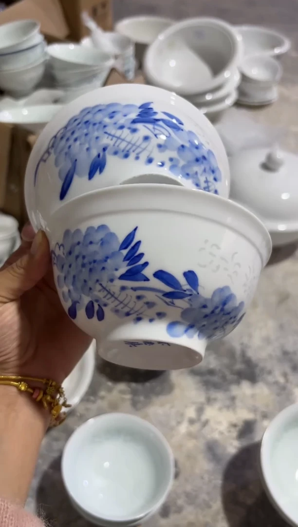 白瓷紫藤花米饭碗2个微瑕
