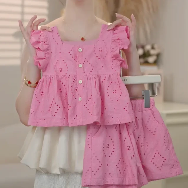 DXL-女童夏季新款韩版粉色棉质小飞袖上衣+粉色棉质短裤套装洋气