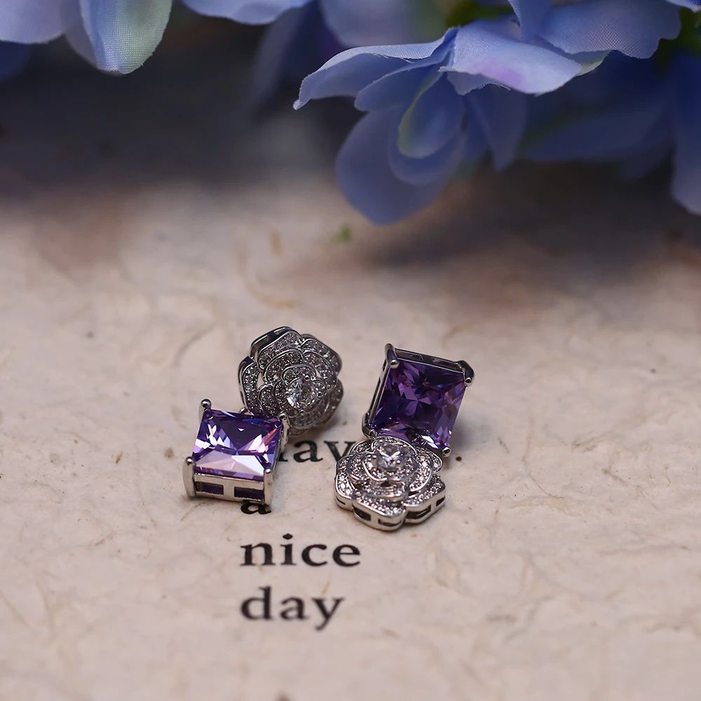 铜合金合成锆石耳饰 法式小香风紫色几何个性精致设计耳环-8205