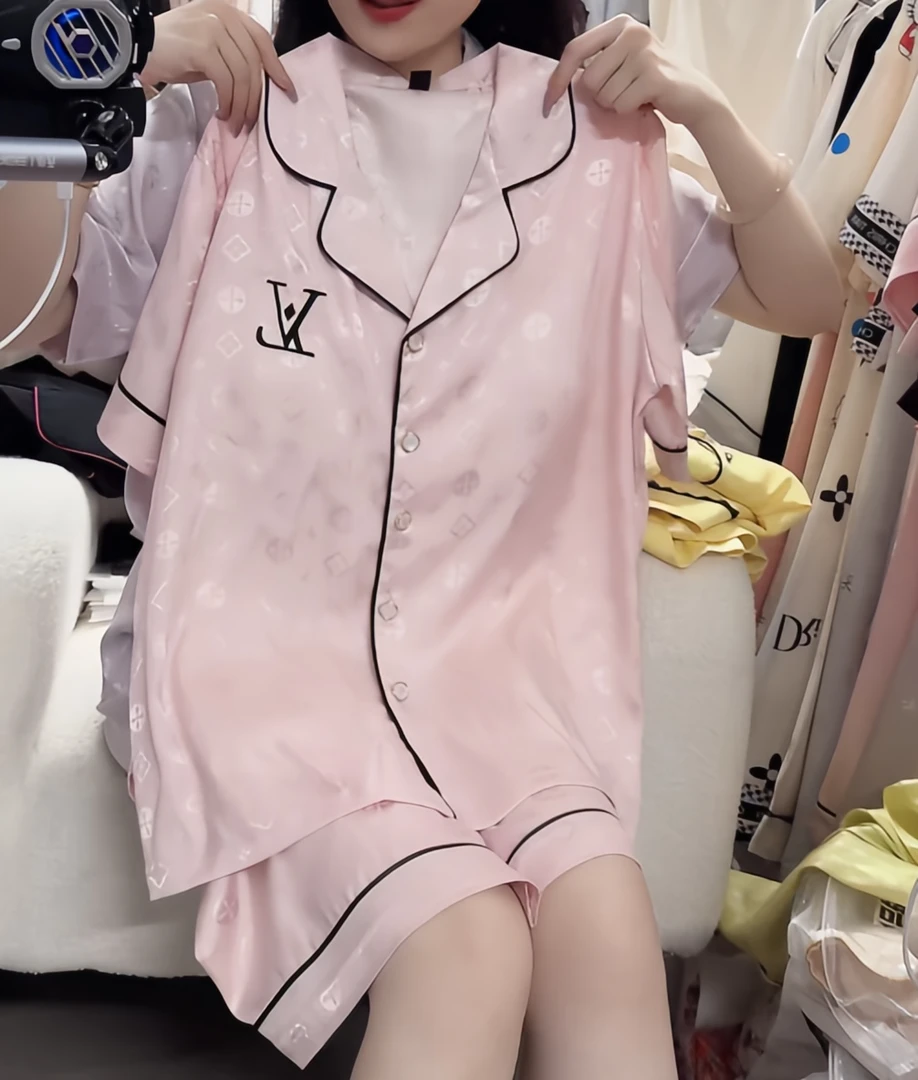 薄款夏季短袖粉老花睡衣家居服套装短裤家居服夏天