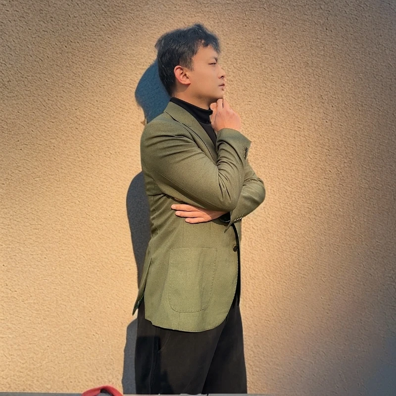 休闲高级轻熟西服外套男韩版潮流单排扣单西服上衣绿色男士