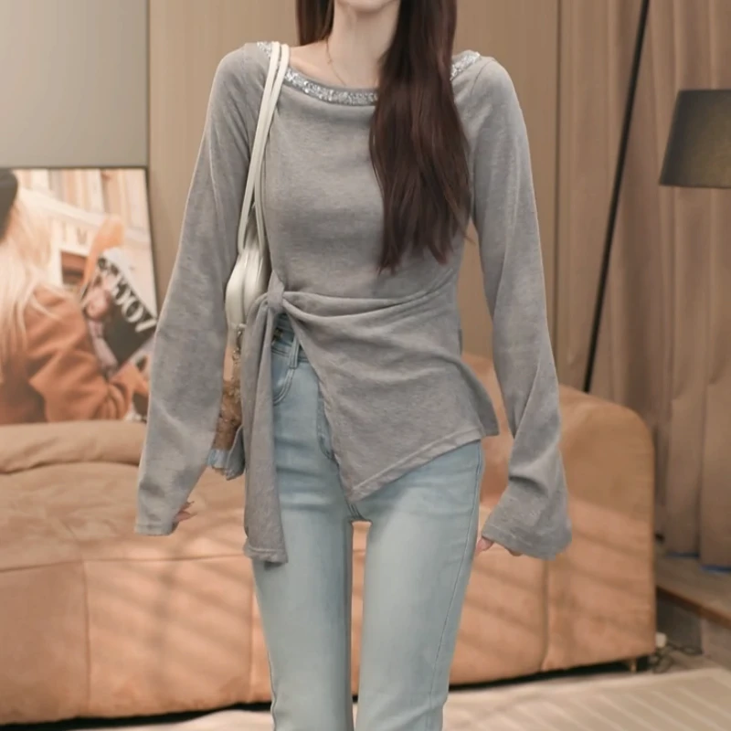 春季新款长袖打底衫烫钻修身不规则纯欲风T恤女LK2501938