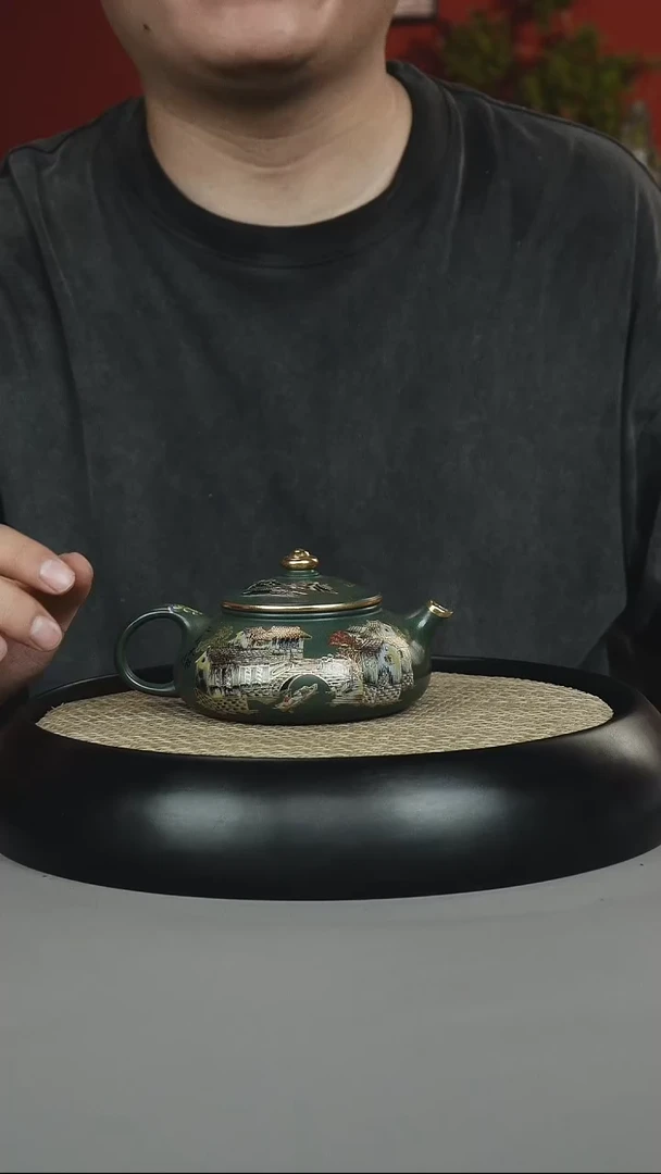 茶壶紫砂民国绿 寒江 古南街 珐琅彩