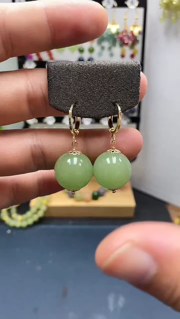 和田玉银S925镀金镶嵌耳饰尺寸16mm耳扣33