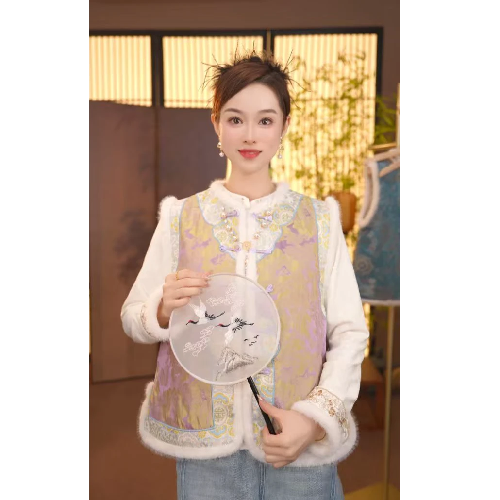 CJ【冬词】秋冬季水貂毛新款中国风百搭复古锦绣马甲YY25110402