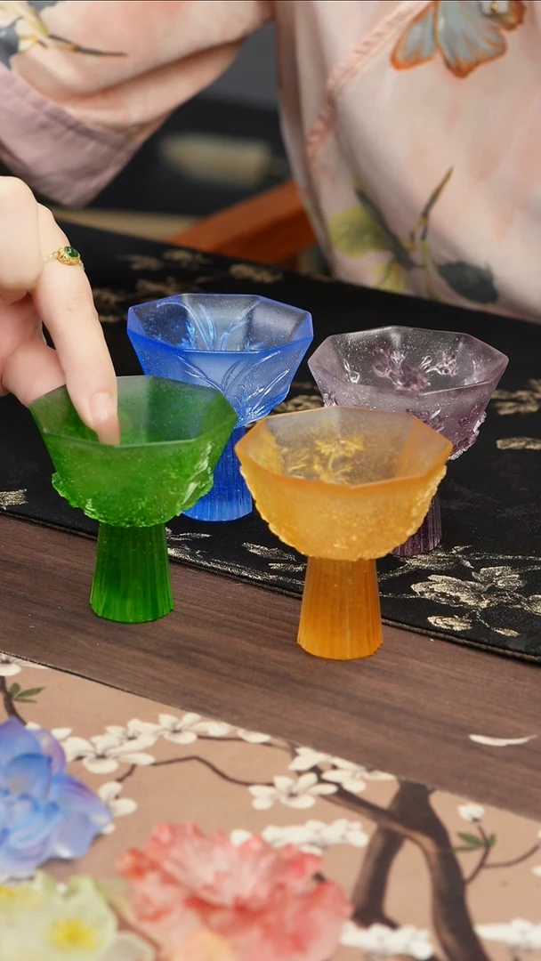 琉璃手工艺品@***柴黄竹、绿菊、紫梅、蓝兰花一套高足茶盏