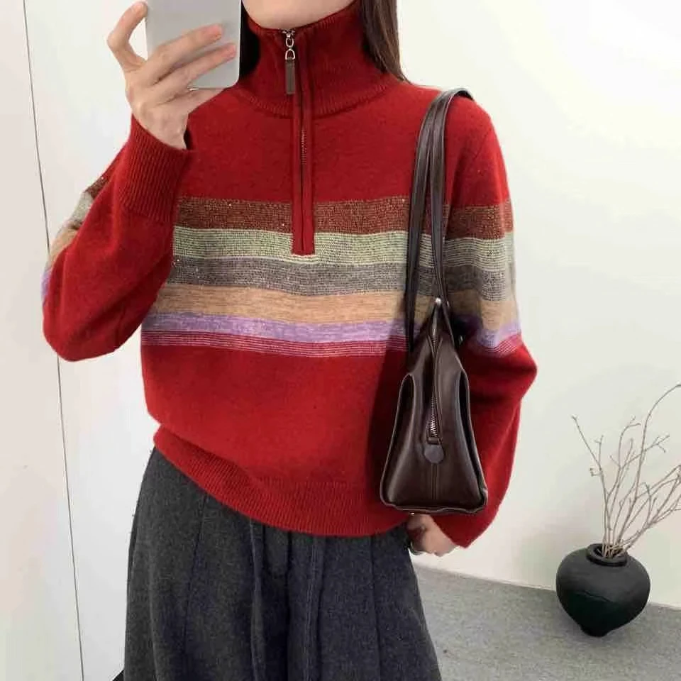 【静姐家】98656秋冬时尚半拉链立领设计女针织毛衣上衣